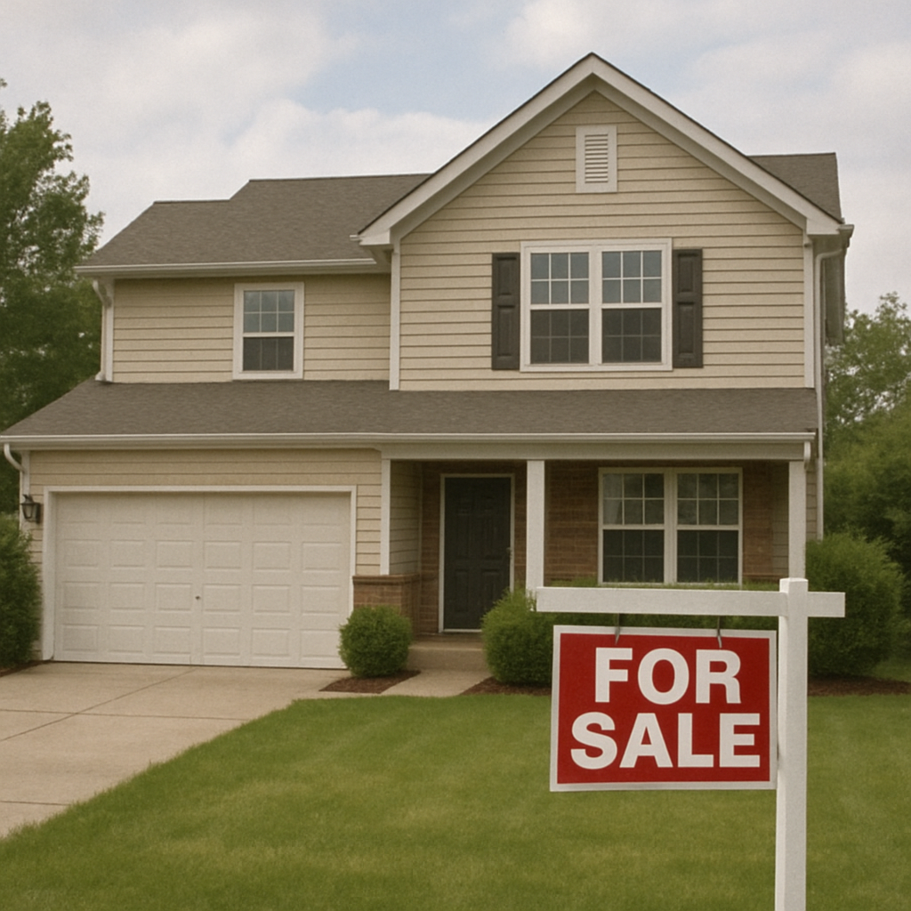 A house with a "For Sale" sign in the front yard