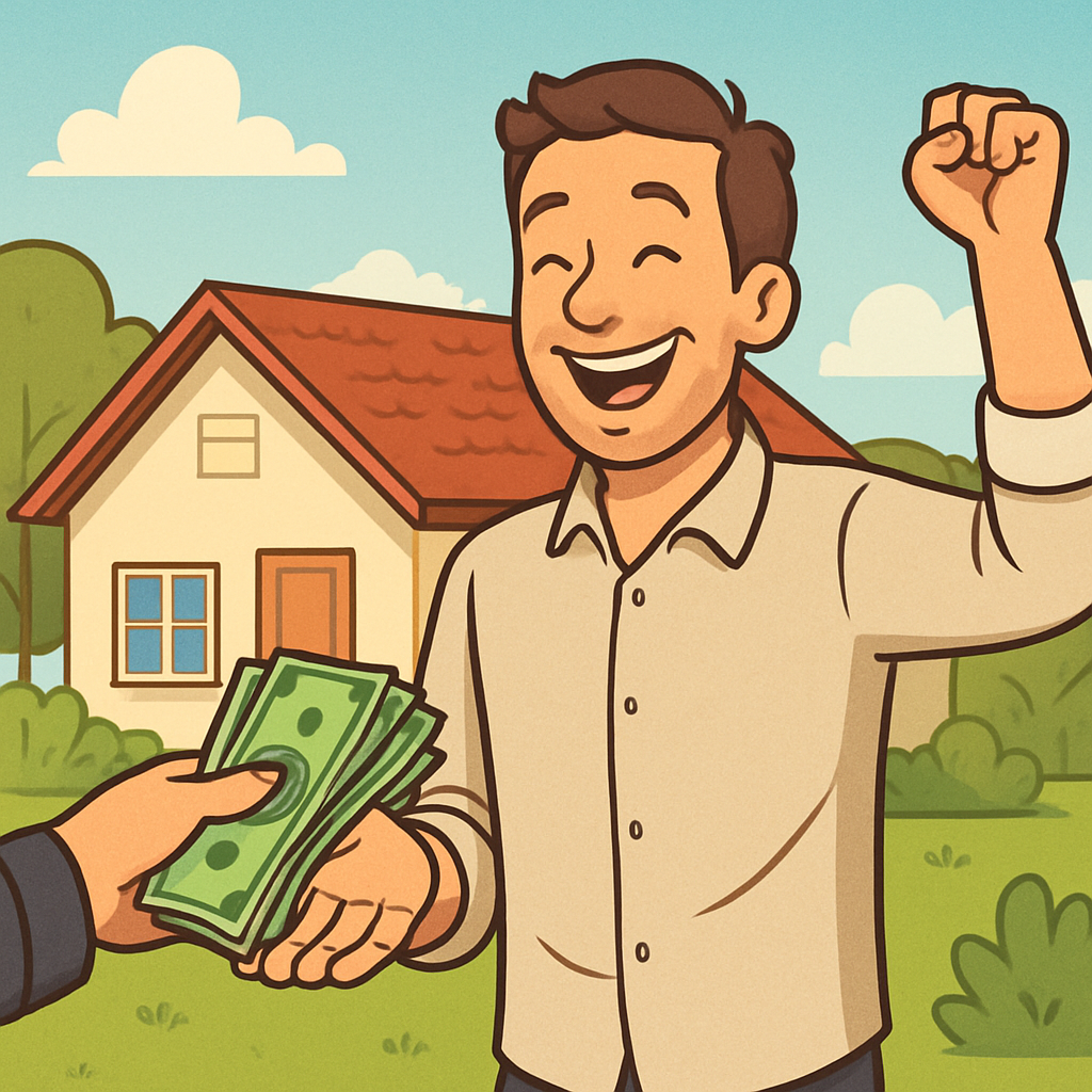 A happy homeowner receiving cash for their old house