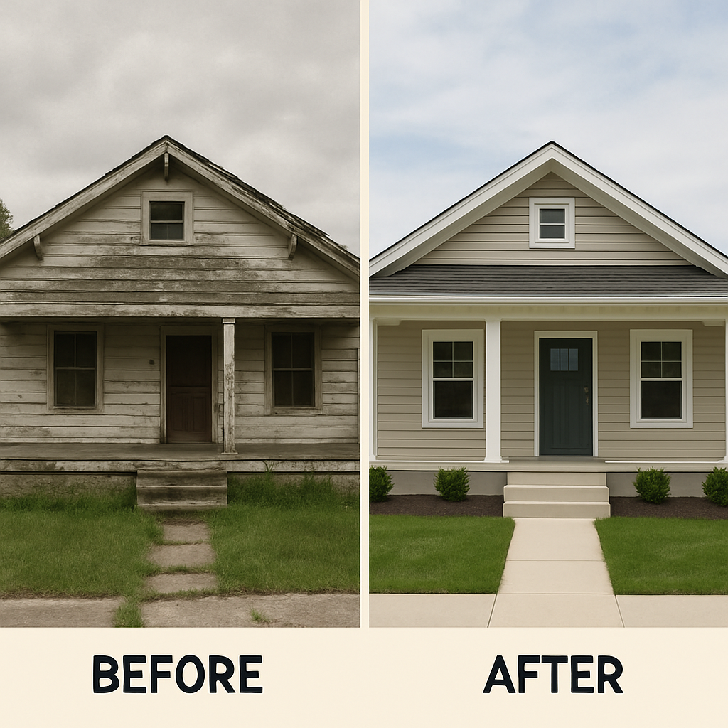 A simple picture of a house in need of repair on one side, and the same house looking renovated and clean on the other, visually representing the 'before' state and the 'After-Repair Value' state
