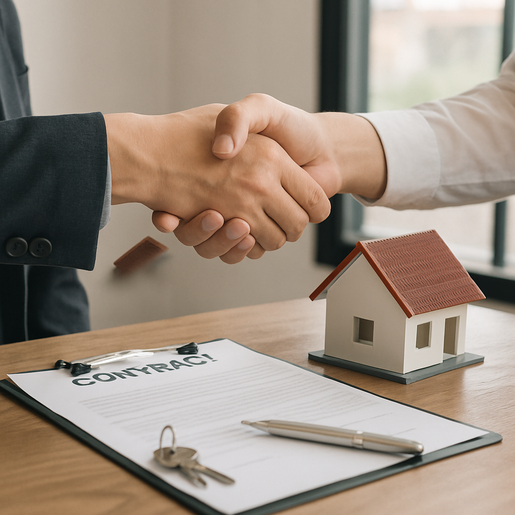 Image of a handshake between a home seller and buyer, representing a real estate transaction