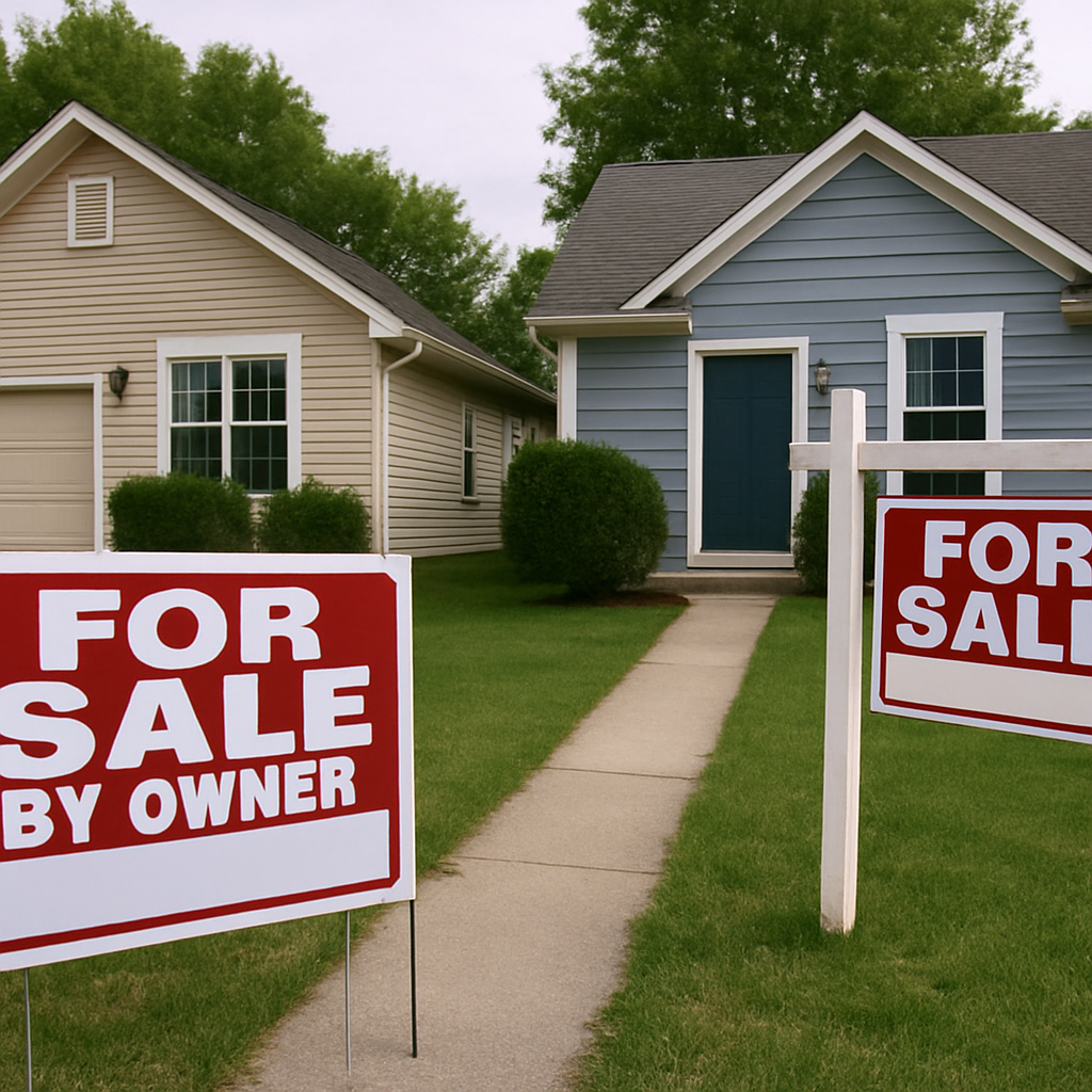 A simple photo of a house with a 'For Sale By Owner' sign next to a house with a traditional realtor's 'For Sale' sign, visually contrasting the two paths