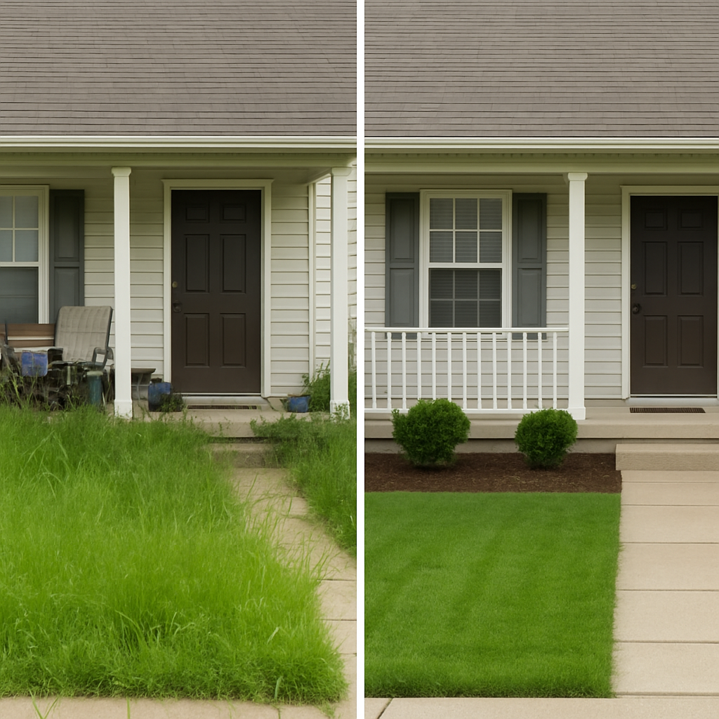 A side-by-side comparison of a house with an overgrown lawn and cluttered porch versus the same house with freshly mown grass, new mulch, and a clean front door.