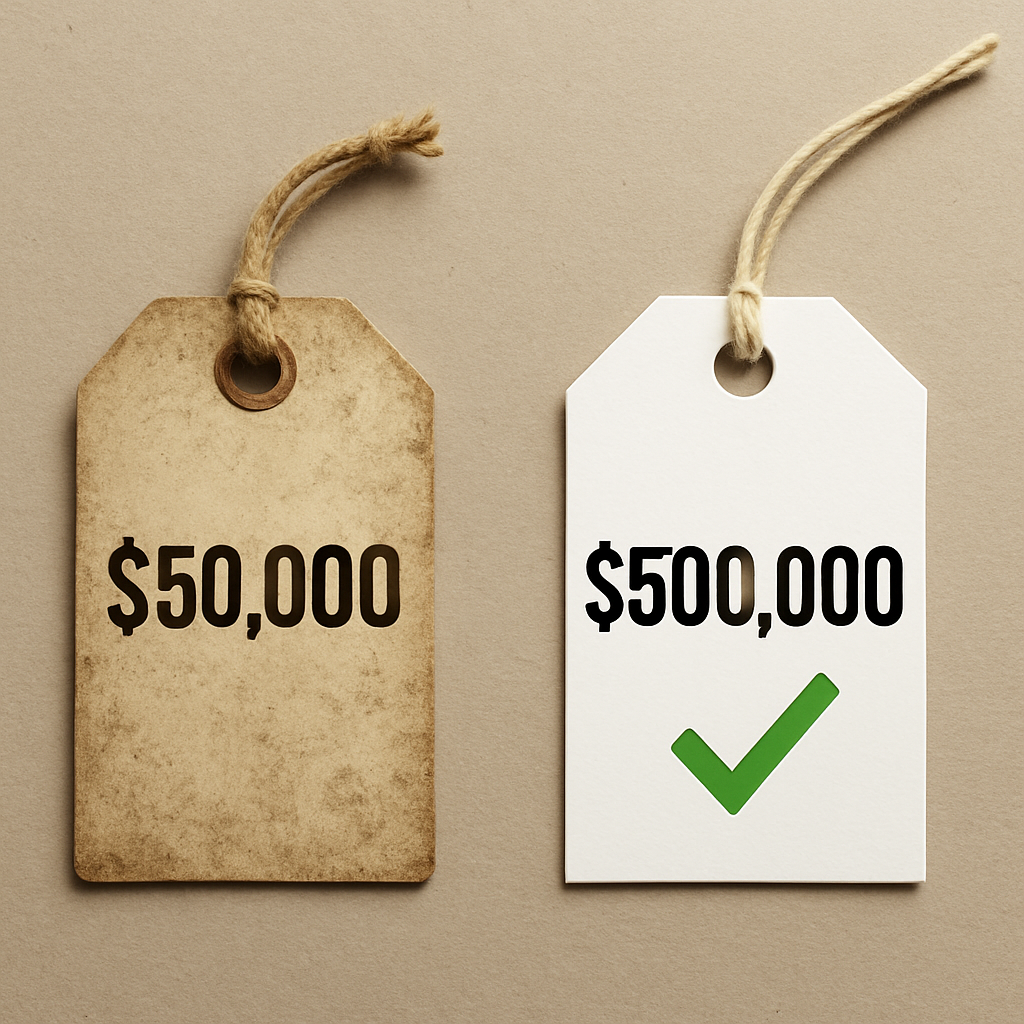 A simple visual of two price tags: one dusty and old showing '$50,000' and a new, bright one showing '$500,000', with a checkmark next to the larger one.