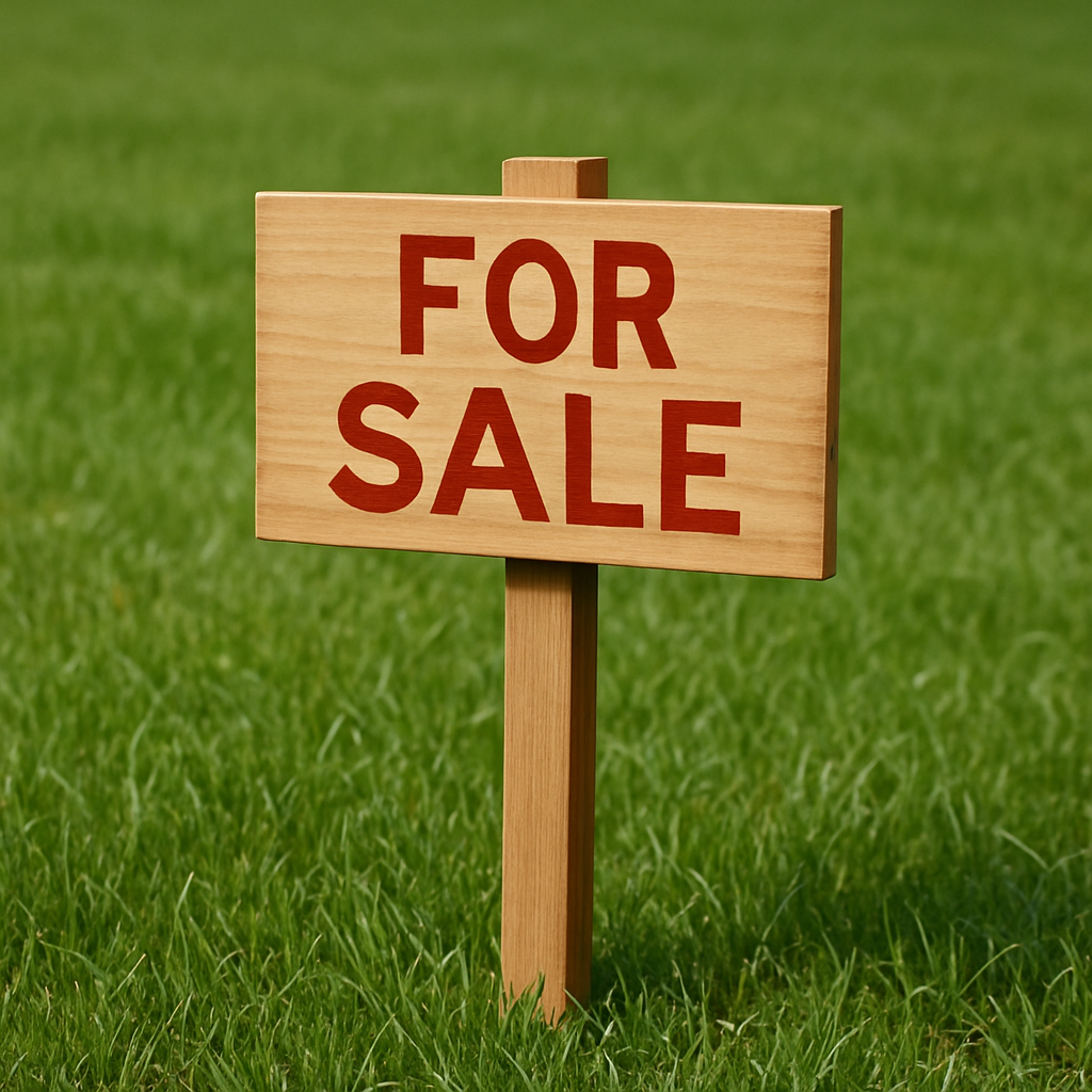 A simple wooden 'For Sale' sign standing in a lush green lawn, representing the point of final action.