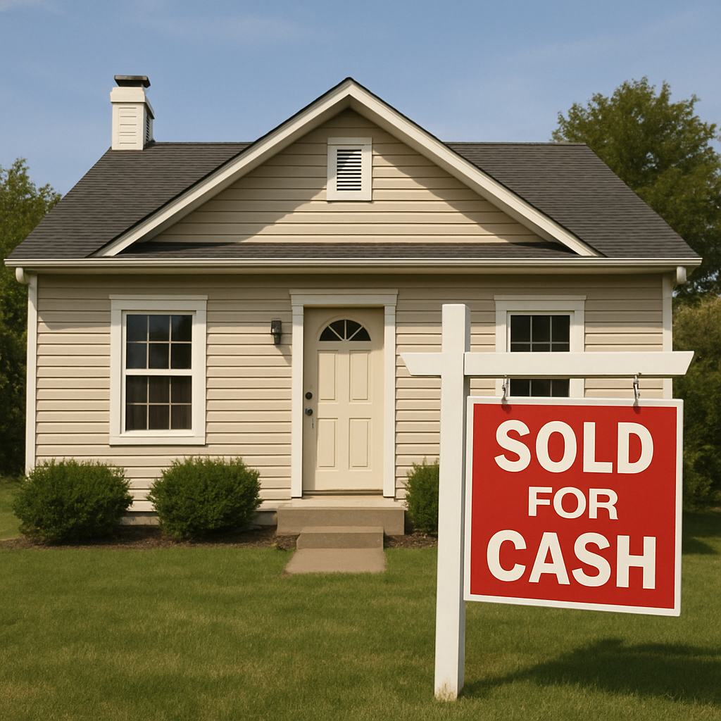 A house with a "sold for cash" sign